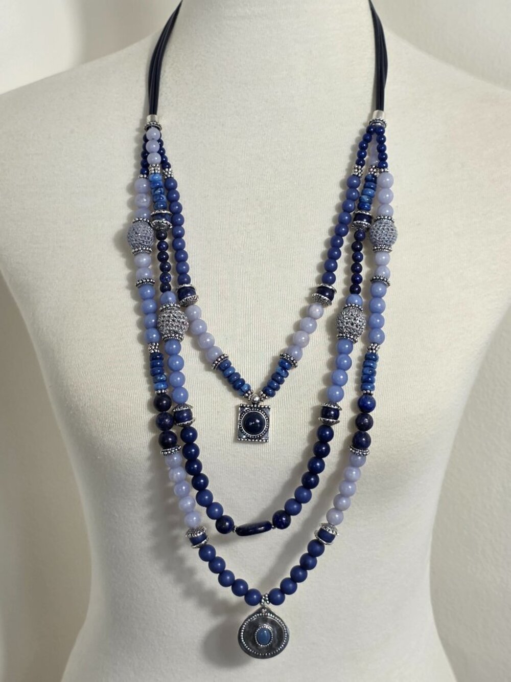 Chico's Multi-Strand Blue & Beaded Pendant Necklace Blue Beads Silver Spacers